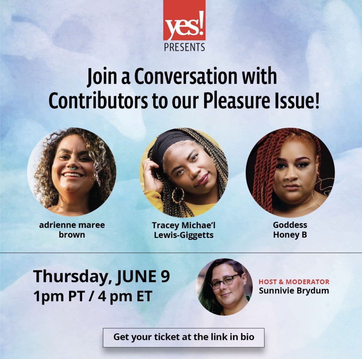 ID: Text on graphic reads, "Join a conversation with contributors to our Pleasure Issue! Thursday, June 9 1pm PT / 4pm ET